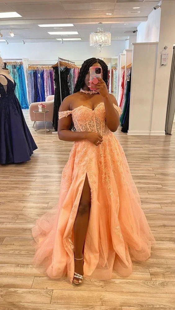 Peach Pink Glitter Tulle Appliques Evening Dress with Corset Bodice Y6173 - Image 2
