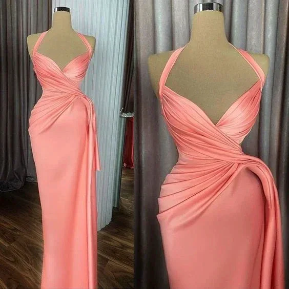 Peach Prom Dress Pleats Prom Dress Halter Prom Dress Satin Evening Dress Y6619 - Image 2