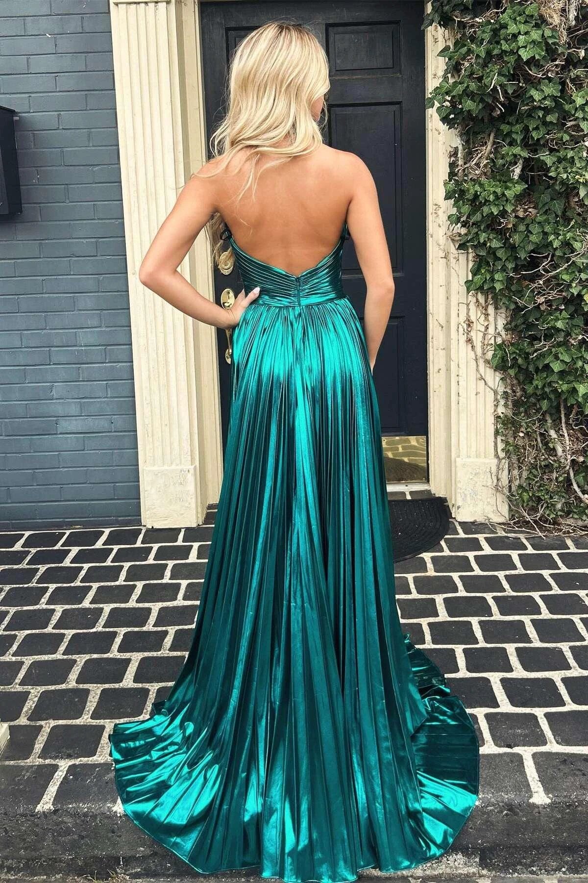 Peacock Blue Halter Neck A-Line Long Prom Dress With Split - Image 2