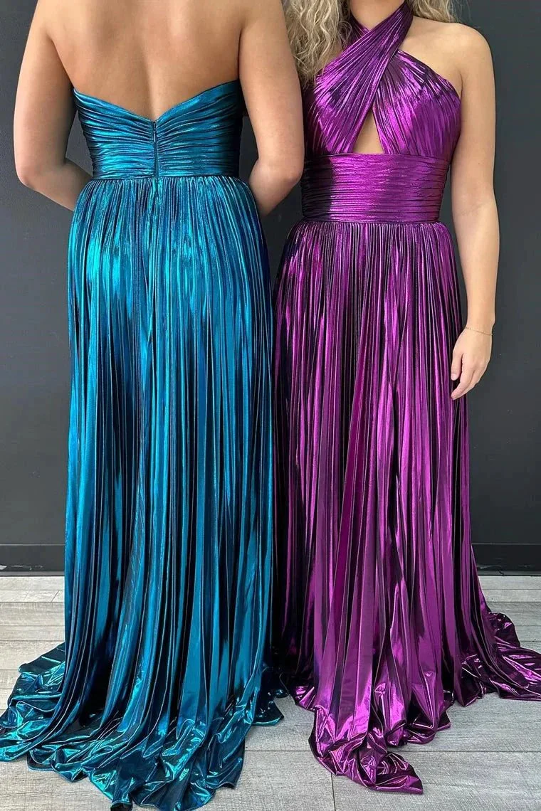 Peacock Blue Halter Neck A-Line Long Prom Dress With Split - Image 3