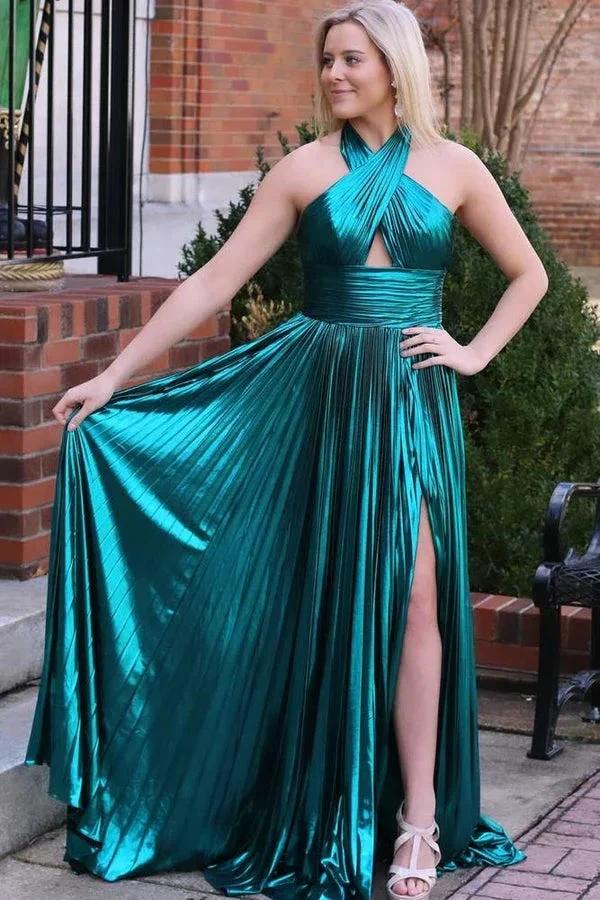 Peacock Blue Halter Neck A-Line Long Prom Dress With Split - Image 4