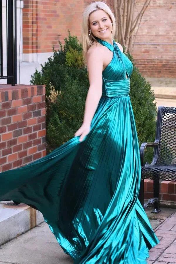 Peacock Blue Halter Neck A-Line Long Prom Dress With Split - Image 5