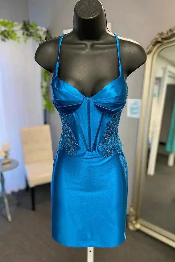 Peacock Blue Short Corset Homecoming Dress with Appliques PD513 - Image 4