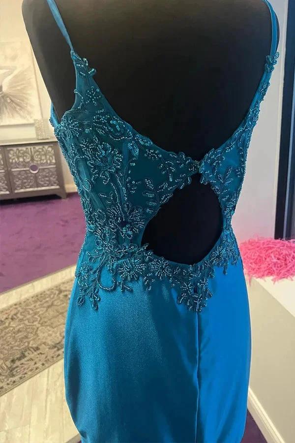Peacock Blue Short Corset Homecoming Dress with Appliques PD513 - Image 5