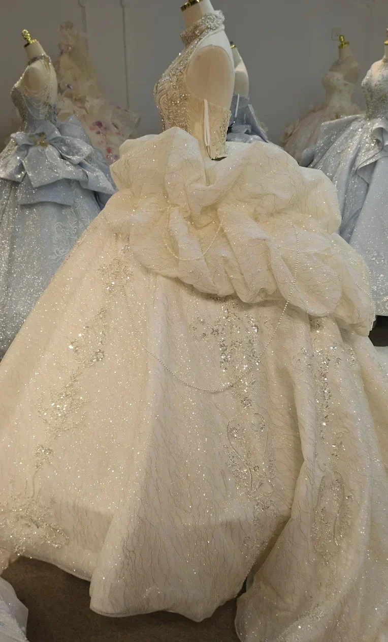 Lavish Halter-Neck Ball Gown Wedding Dress with Pearl Crystal Embroidery & Ruffled Tulle Skirt Ye-2034 - Image 3