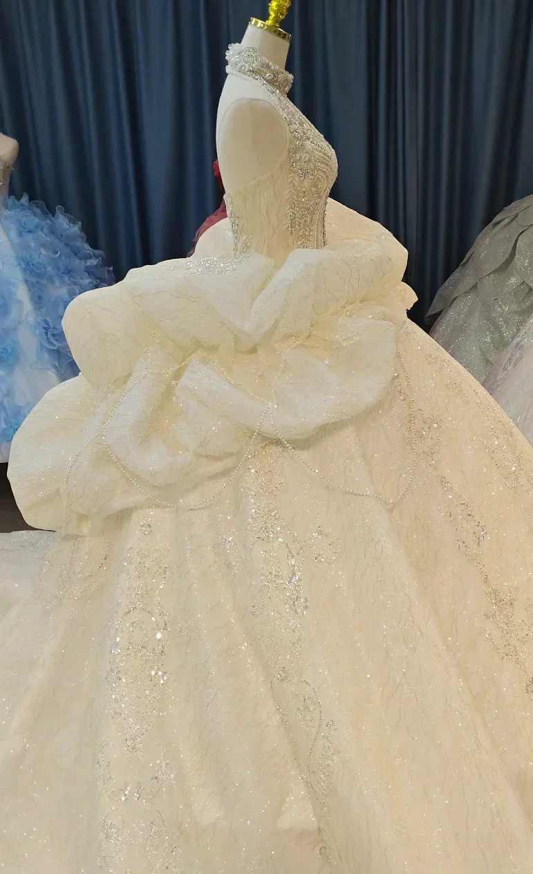 Lavish Halter-Neck Ball Gown Wedding Dress with Pearl Crystal Embroidery & Ruffled Tulle Skirt Ye-2034 - Image 4