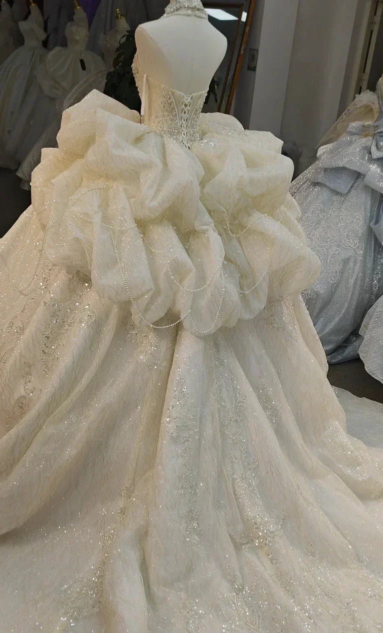 Lavish Halter-Neck Ball Gown Wedding Dress with Pearl Crystal Embroidery & Ruffled Tulle Skirt Ye-2034 - Image 5