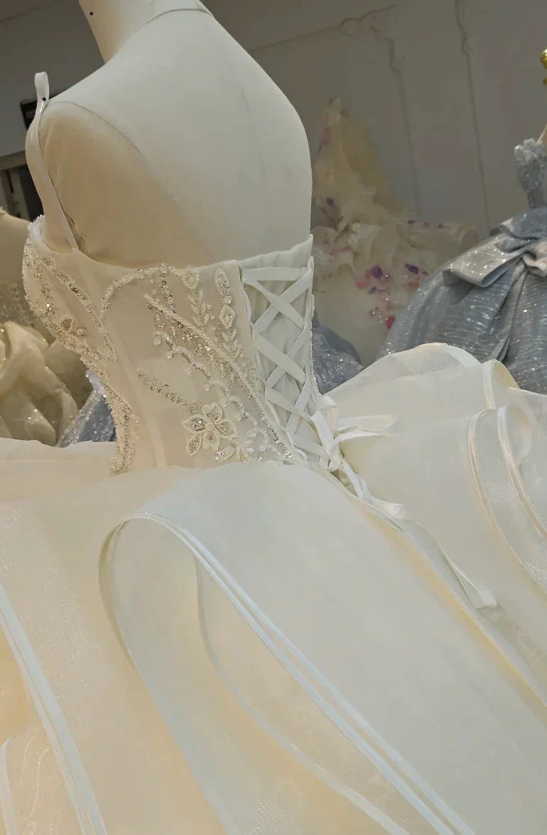 Romantic Sweetheart Strapless Ball Gown Wedding Dress with Crystal Floral Embroidery & Tulle Ruffles Ye-2023 - Image 4