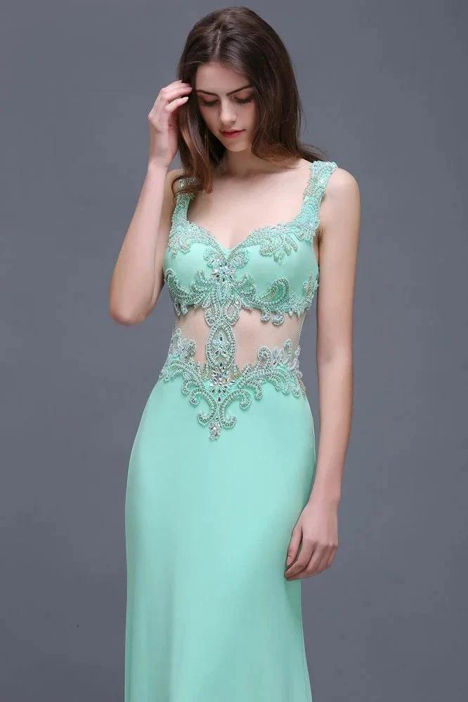 Pearls Sheath Straps Floor-Length Mint Green Prom Dresses - Image 3