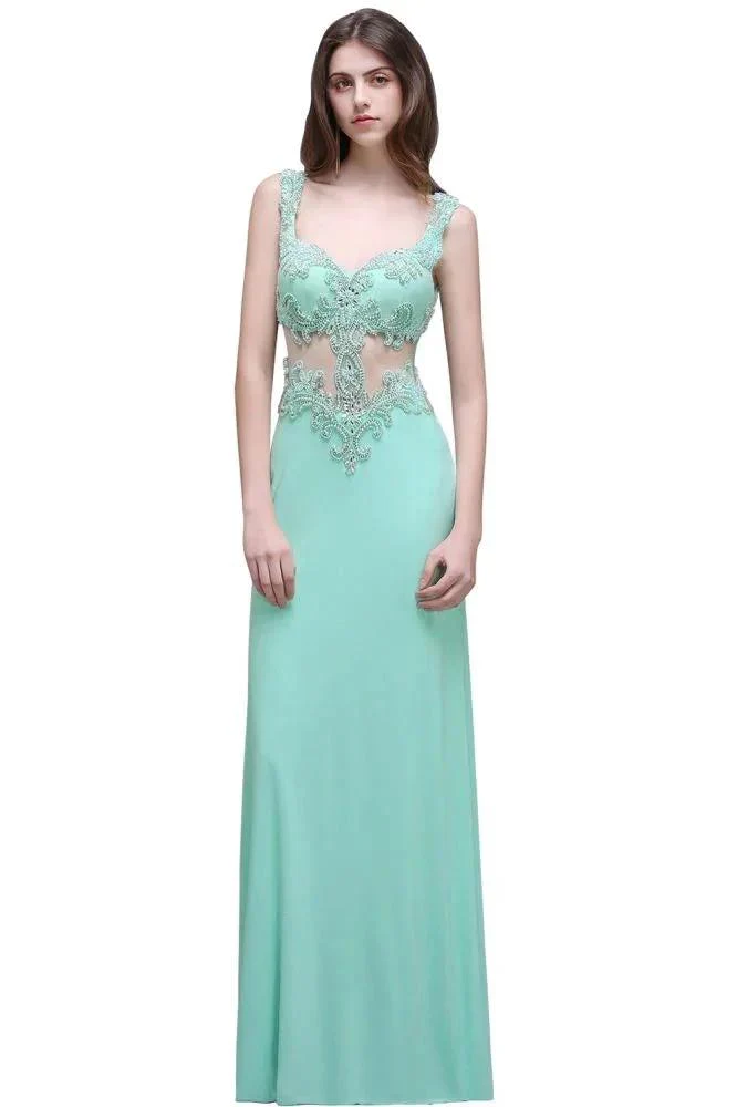 Pearls Sheath Straps Floor-Length Mint Green Prom Dresses - Image 5