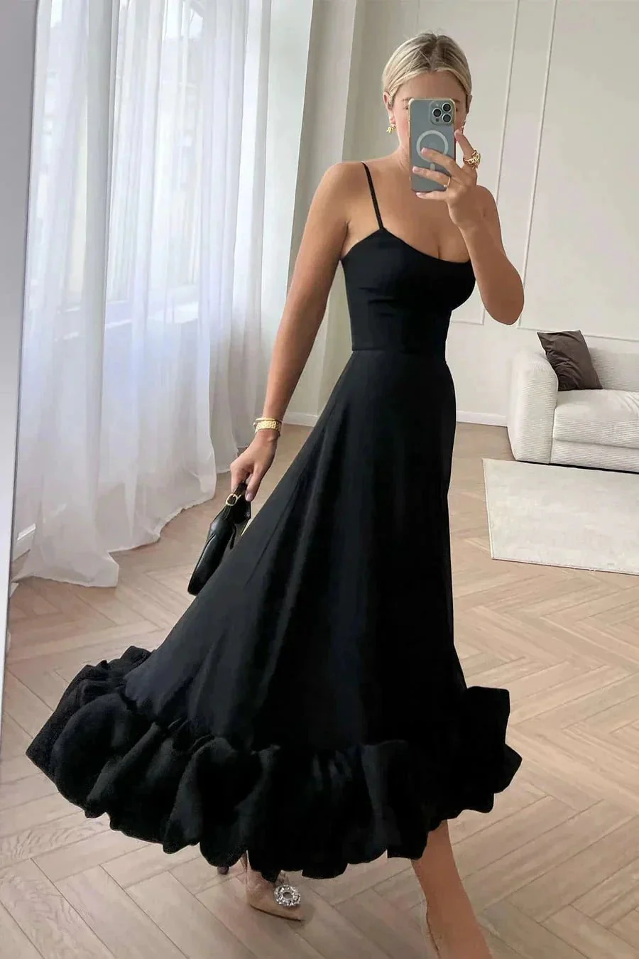 Percival | A Line Satin White Long Prom Dresses with Ruffles - Image 10