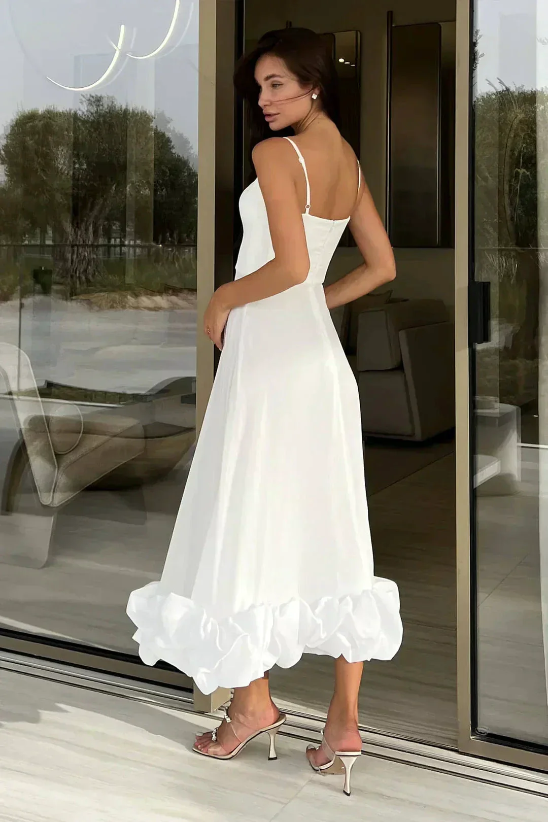 Percival | A Line Satin White Long Prom Dresses with Ruffles - Image 3