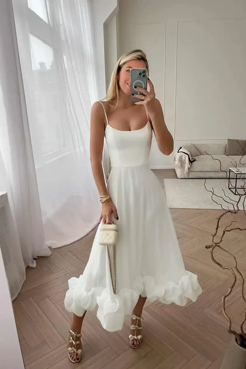 Percival | A Line Satin White Long Prom Dresses with Ruffles - Image 5