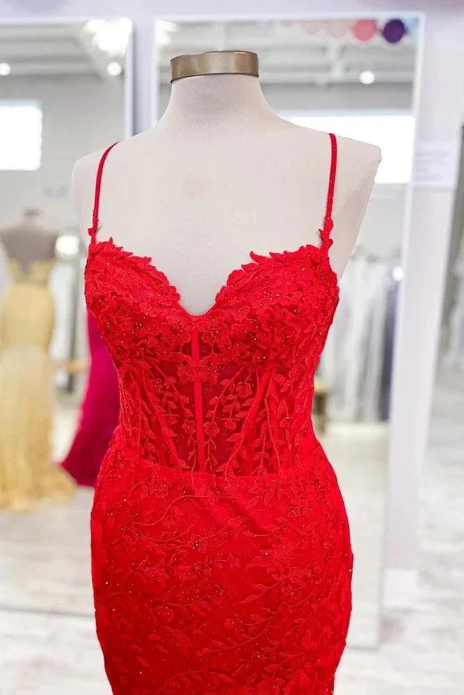 Peregrine | Hot Pink Lace Applique Long Mermaid Dress with Slit - Image 2