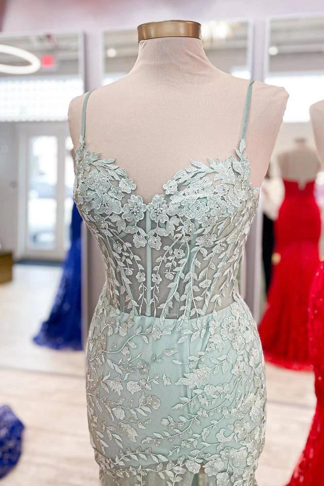 Peregrine | Hot Pink Lace Applique Long Mermaid Dress with Slit - Image 3
