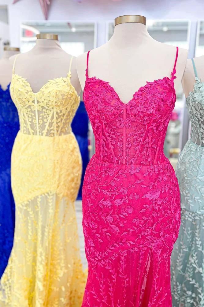 Peregrine | Hot Pink Lace Applique Long Mermaid Dress with Slit - Image 4