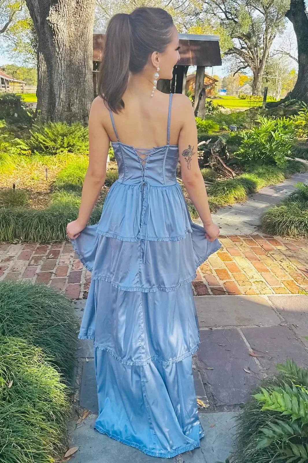 Periwinkle Corset Multi-Layer Ruffle Long Prom Dress - Image 2