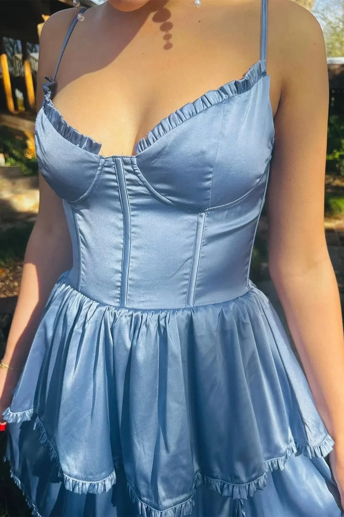 Periwinkle Corset Multi-Layer Ruffle Long Prom Dress - Image 3