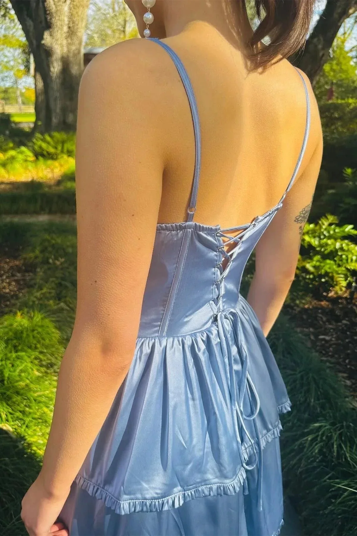 Periwinkle Corset Multi-Layer Ruffle Long Prom Dress - Image 4
