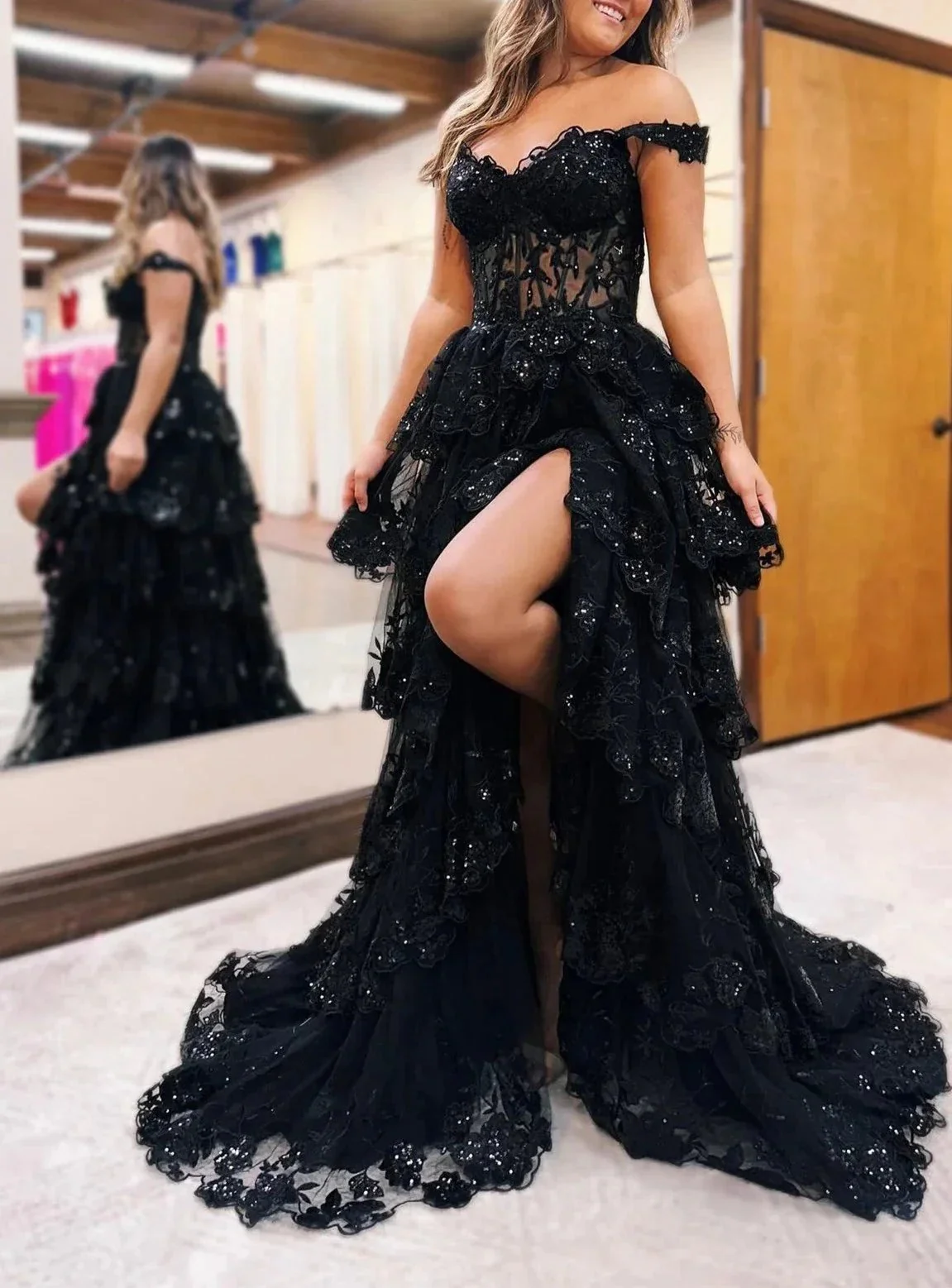 Maryann | Periwinkle Tulle Appliques Off-the-Shoulder Ruffle Long Prom Dress - Image 2