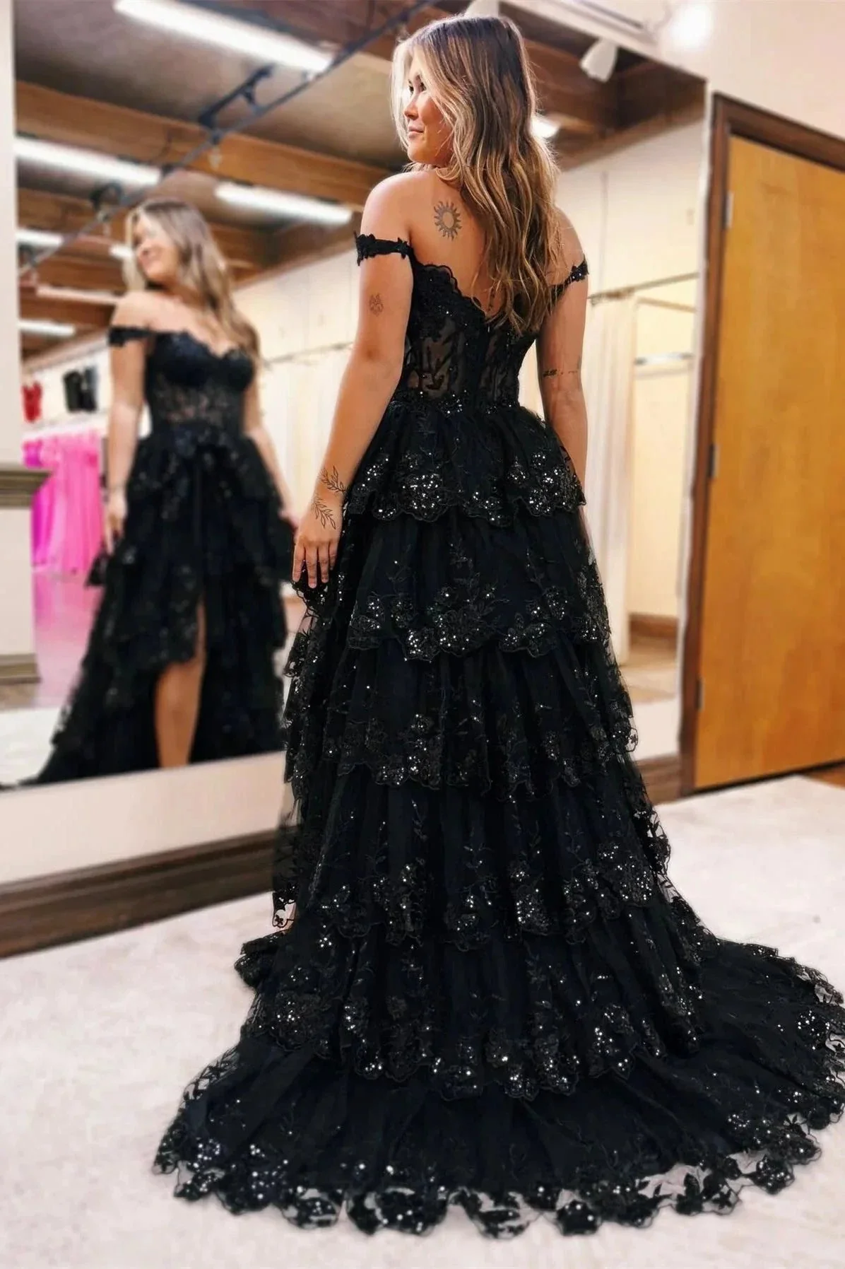 Maryann | Periwinkle Tulle Appliques Off-the-Shoulder Ruffle Long Prom Dress - Image 4
