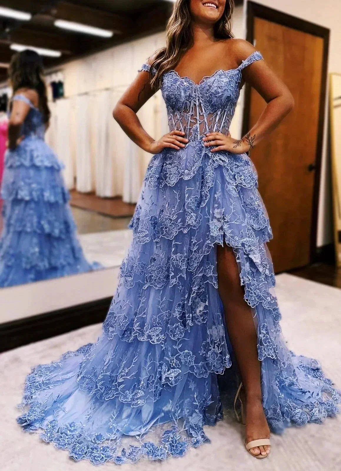 Maryann | Periwinkle Tulle Appliques Off-the-Shoulder Ruffle Long Prom Dress - Image 5