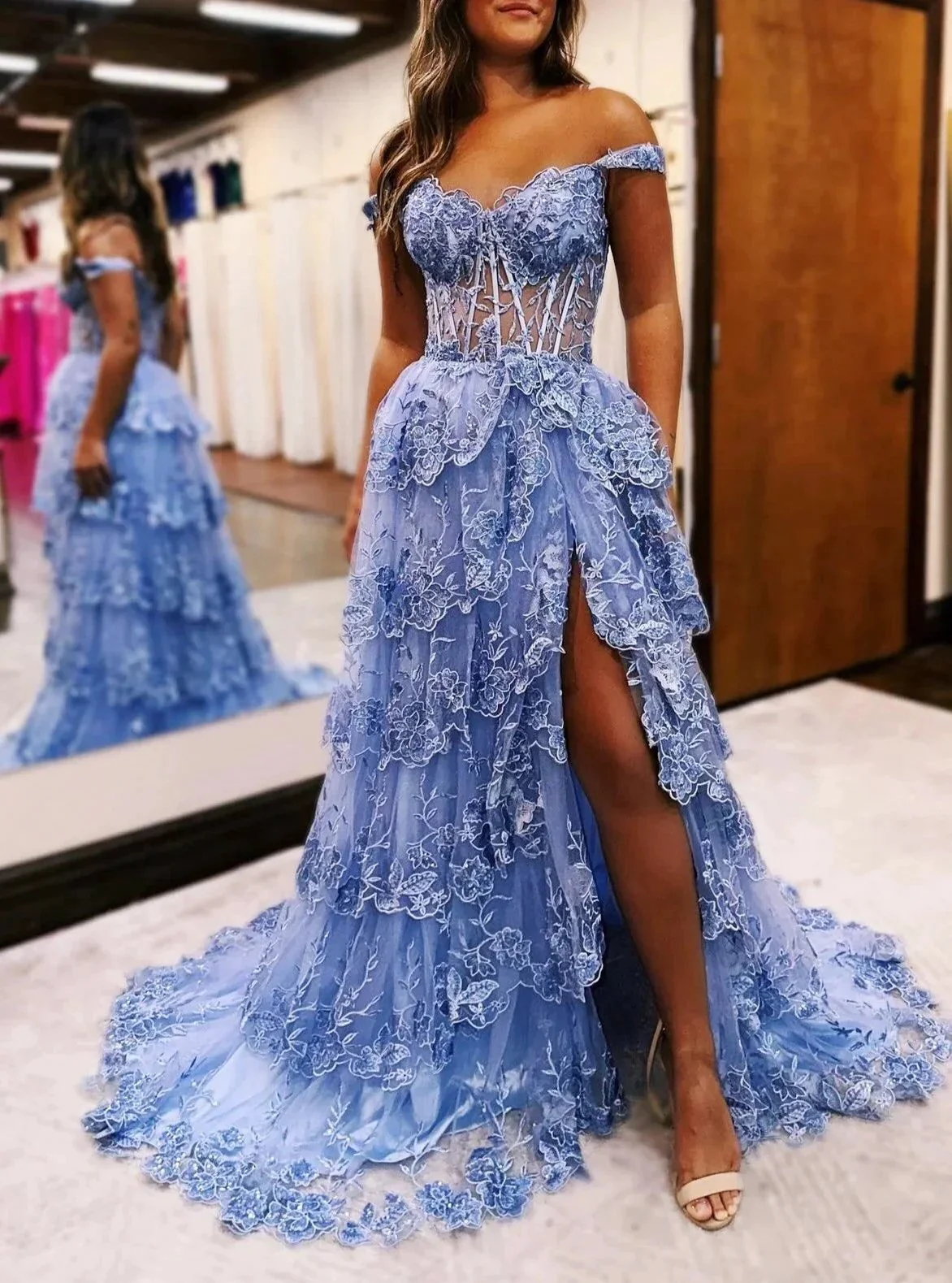 Maryann | Periwinkle Tulle Appliques Off-the-Shoulder Ruffle Long Prom Dress - Image 6