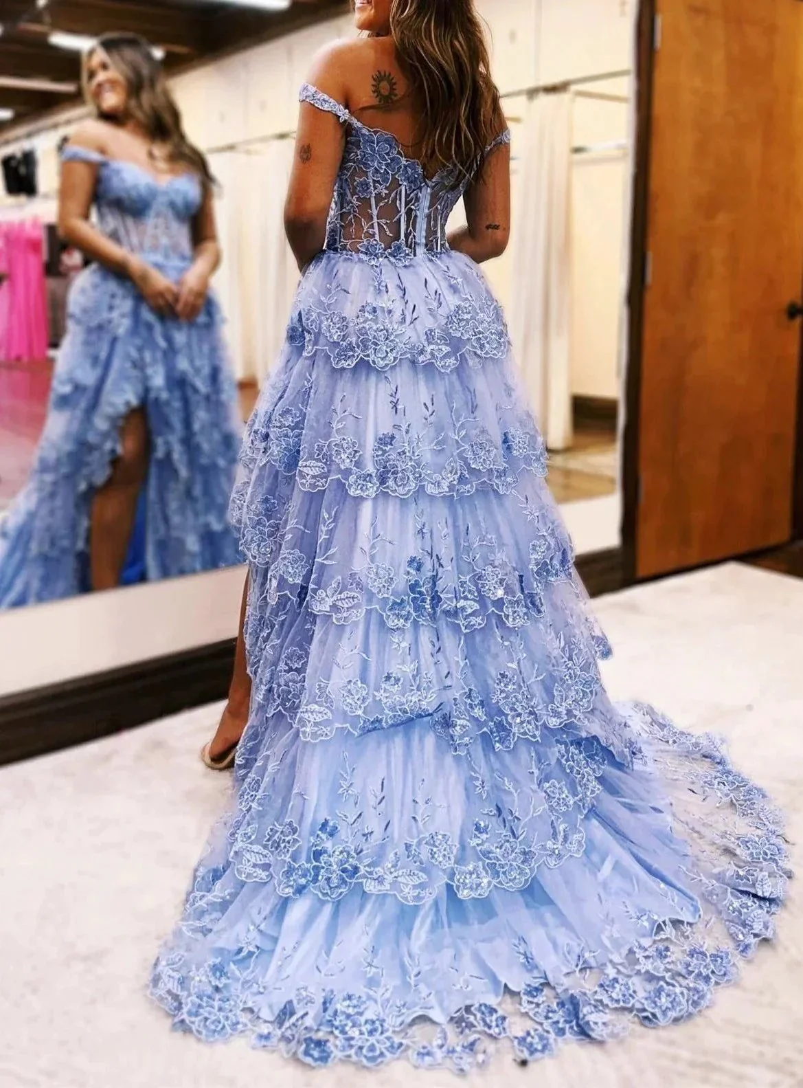 Maryann | Periwinkle Tulle Appliques Off-the-Shoulder Ruffle Long Prom Dress - Image 8