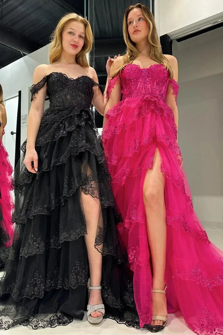 Maryann | Periwinkle Tulle Appliques Off-the-Shoulder Ruffle Long Prom Dress - Image 9