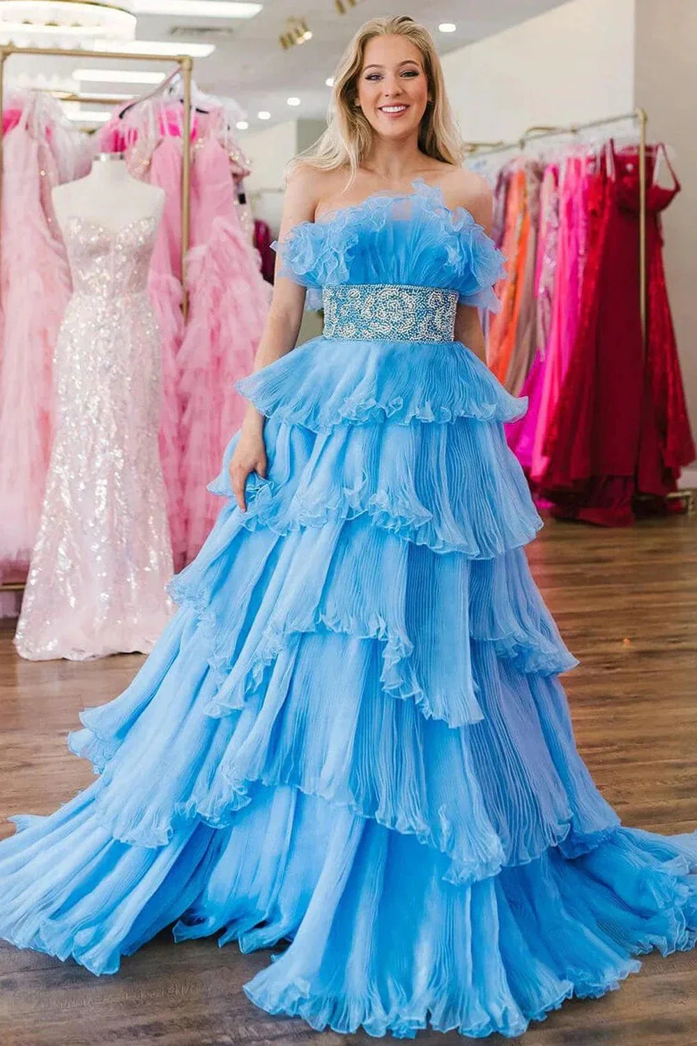 Peyton | A Line Strapless Long Prom Dress with Ruffles - Image 3