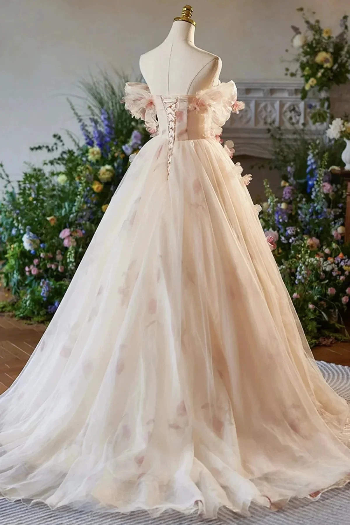 Phebian | Champagne Off the Shoulder Tulle Floral Floor Length Long Prom Dresses - Image 2