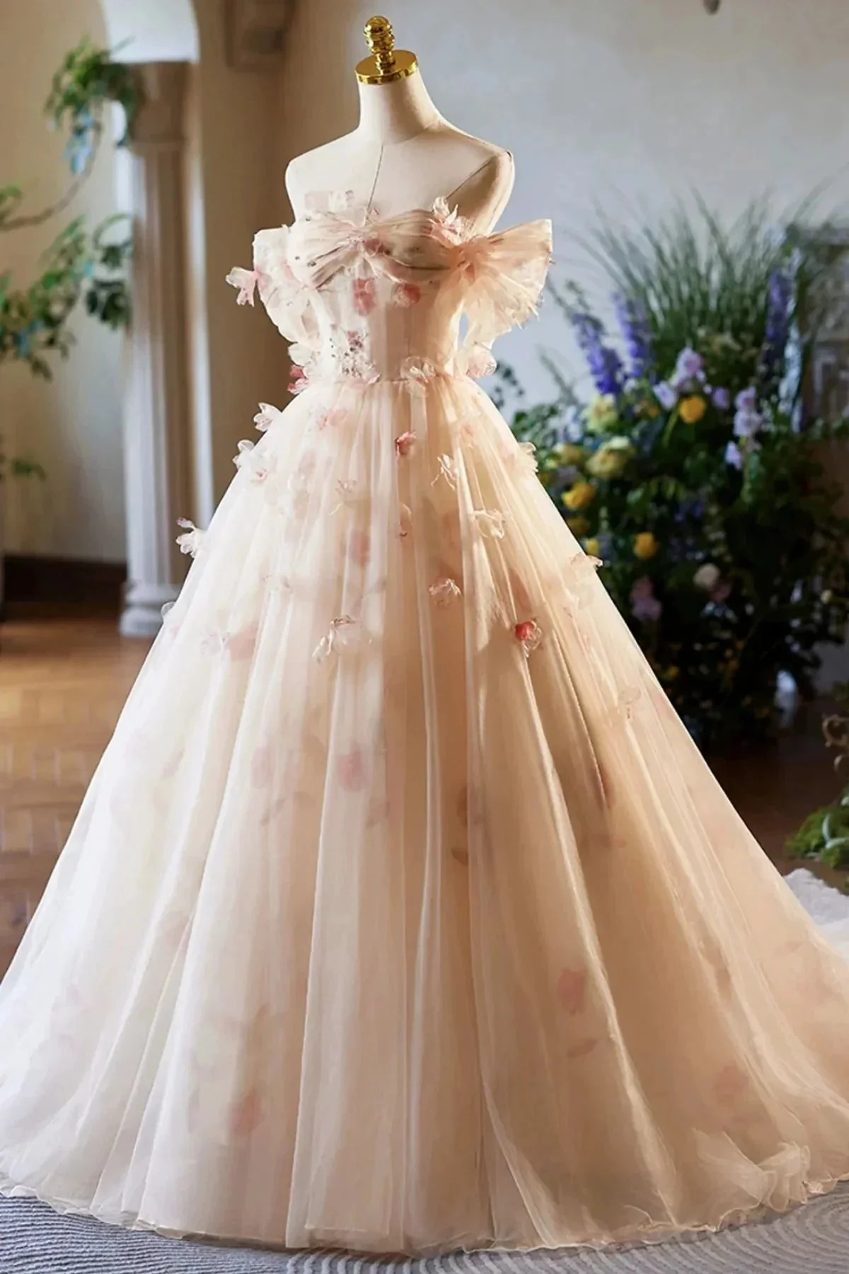 Phebian | Champagne Off the Shoulder Tulle Floral Floor Length Long Prom Dresses - Image 3