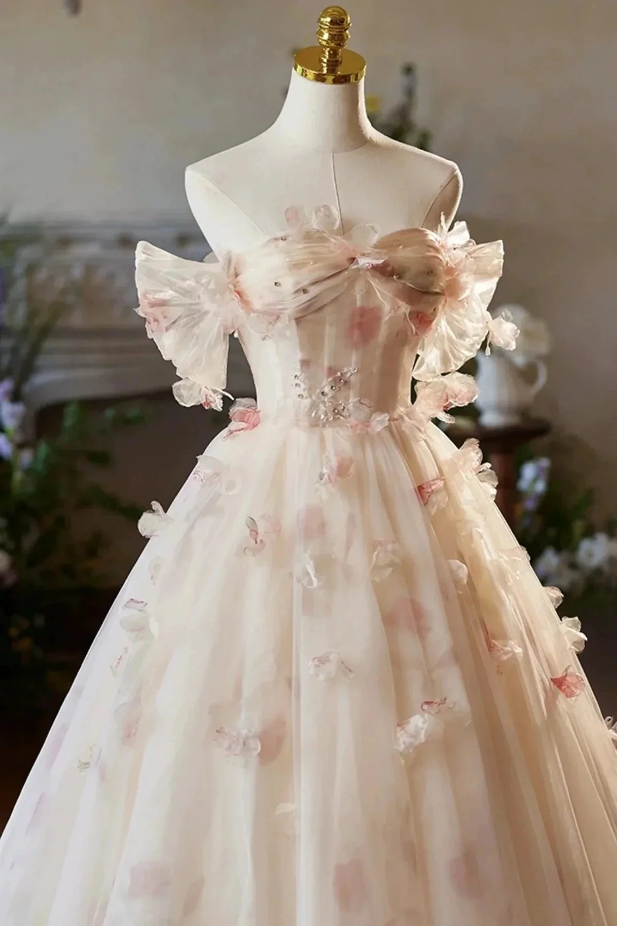 Phebian | Champagne Off the Shoulder Tulle Floral Floor Length Long Prom Dresses - Image 4