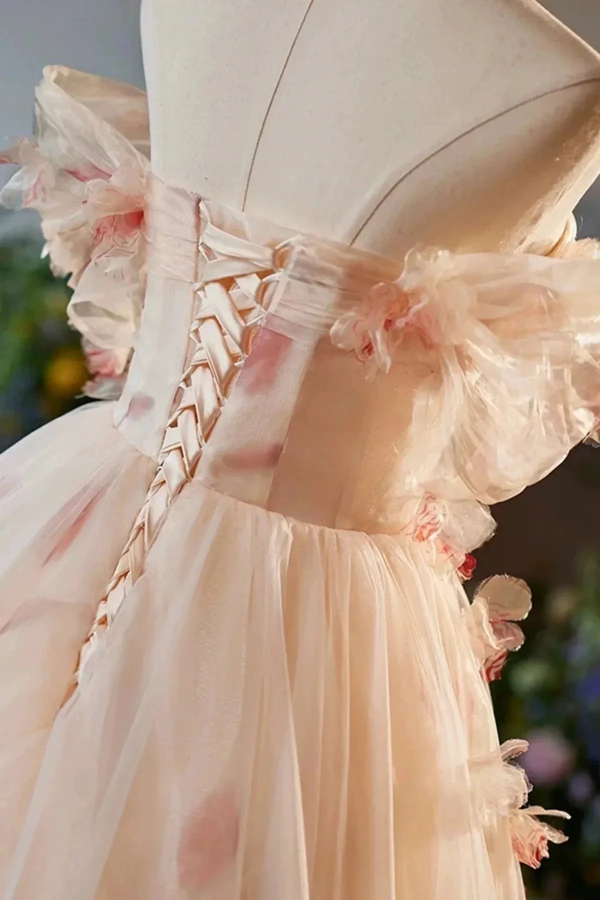 Phebian | Champagne Off the Shoulder Tulle Floral Floor Length Long Prom Dresses - Image 5