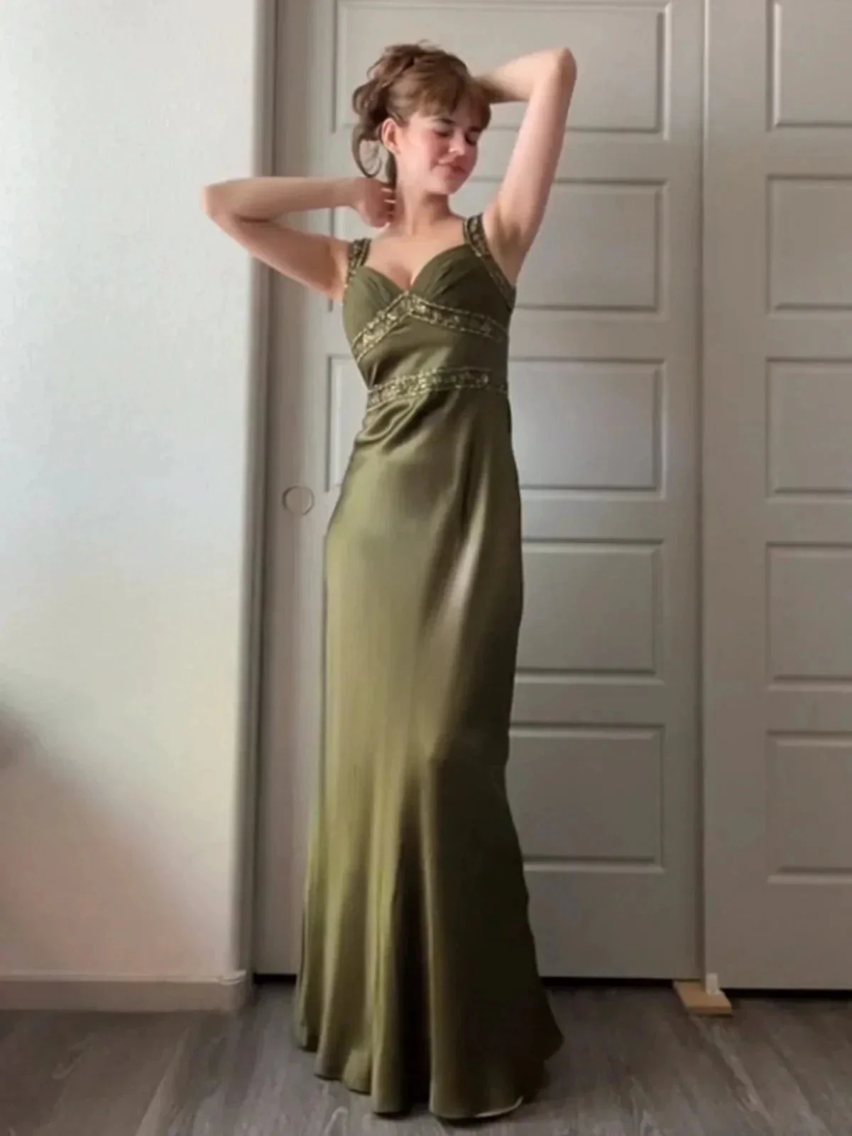 Philomena | Olive Green Sheath Satin Beaded Long Prom Dresses - Image 2