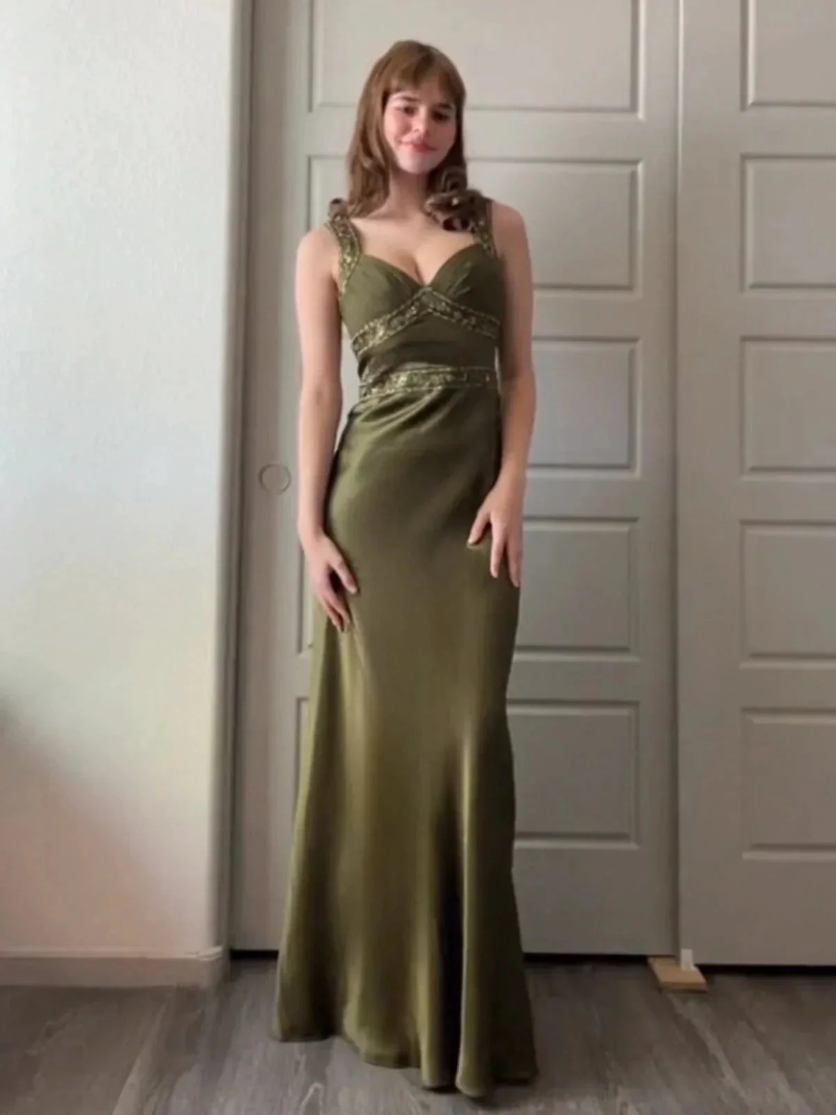 Philomena | Olive Green Sheath Satin Beaded Long Prom Dresses - Image 3