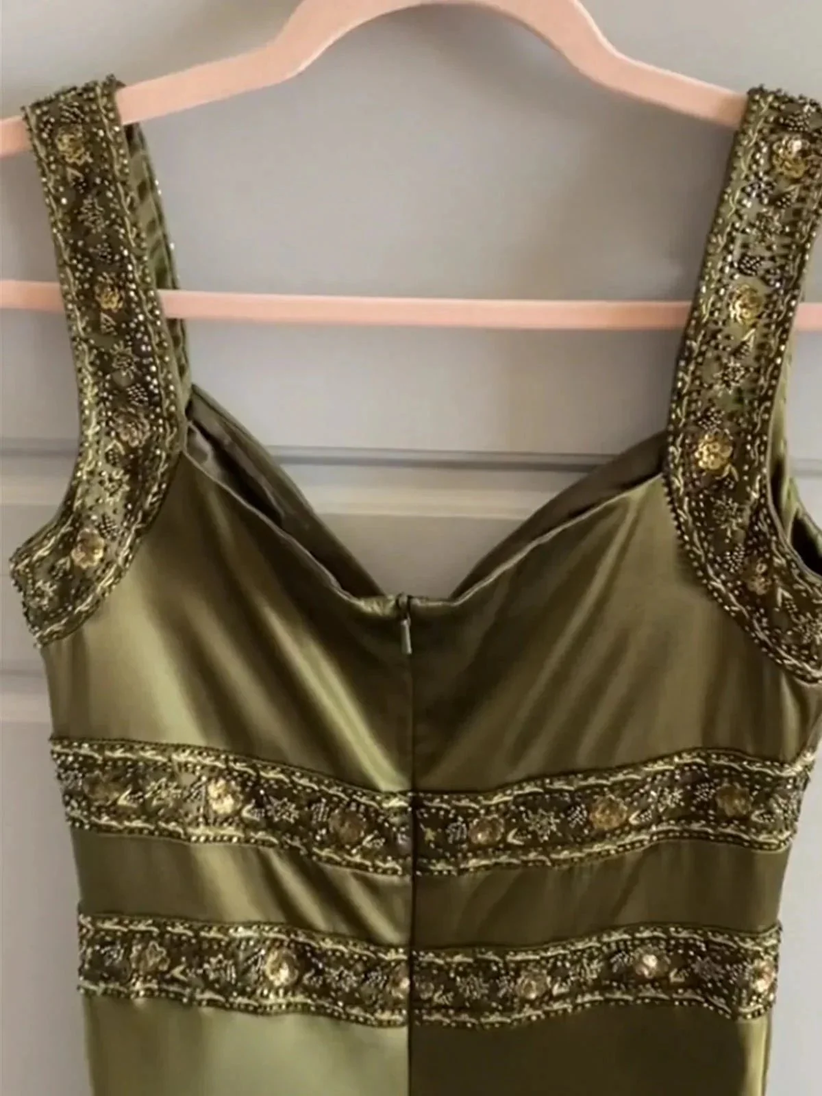 Philomena | Olive Green Sheath Satin Beaded Long Prom Dresses - Image 4