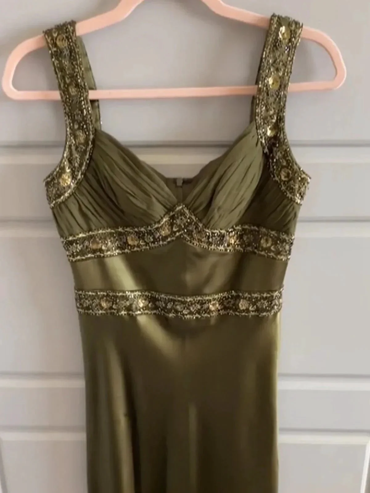 Philomena | Olive Green Sheath Satin Beaded Long Prom Dresses - Image 5