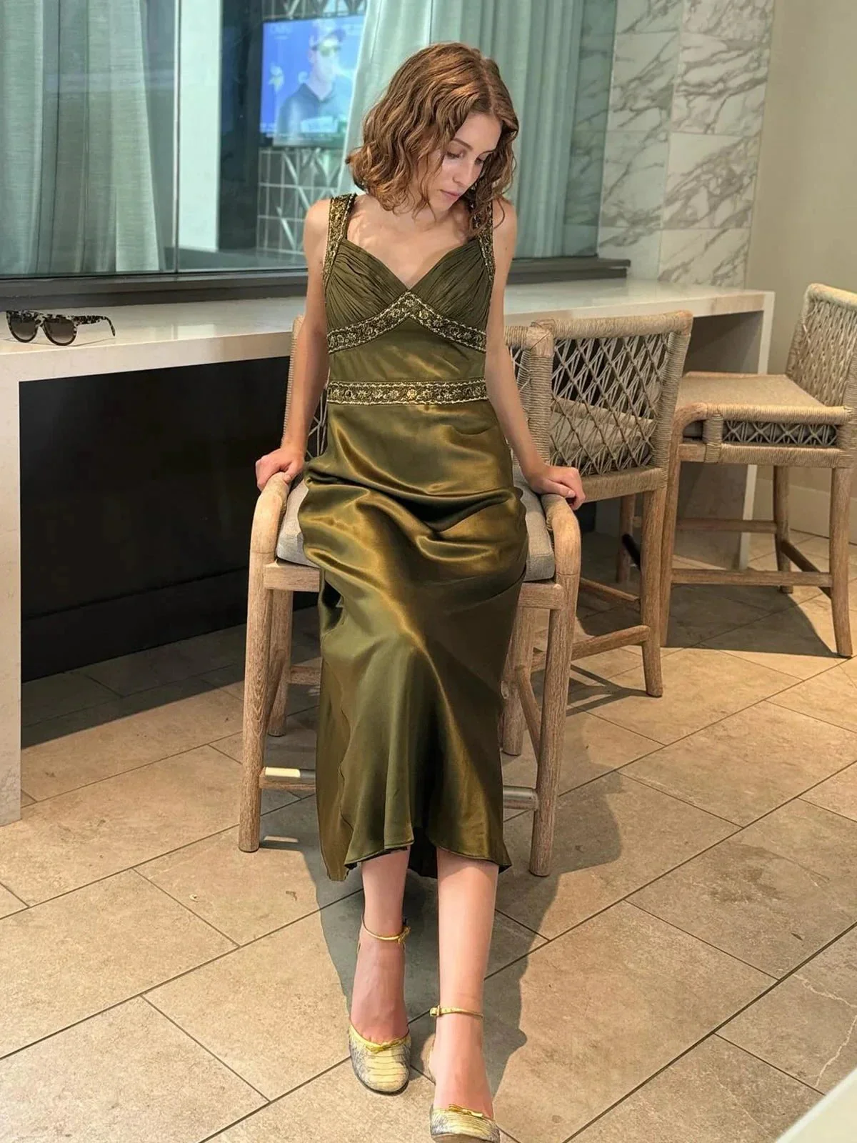 Philomena | Olive Green Sheath Satin Beaded Long Prom Dresses - Image 6