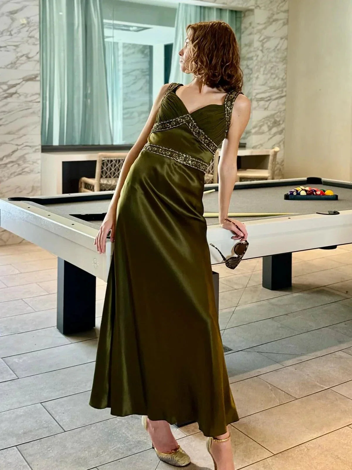 Philomena | Olive Green Sheath Satin Beaded Long Prom Dresses - Image 7