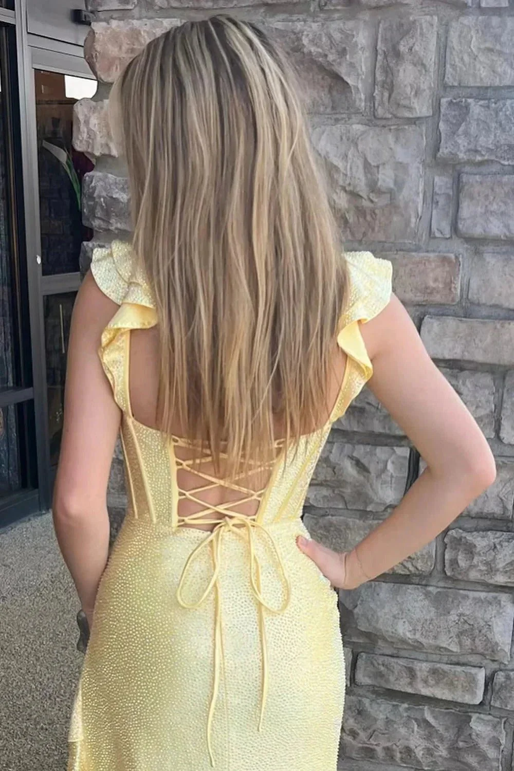 Phyllis | Mermaid Yellow Spaghetti Straps Satin Beaded Long Prom Dress - Image 2