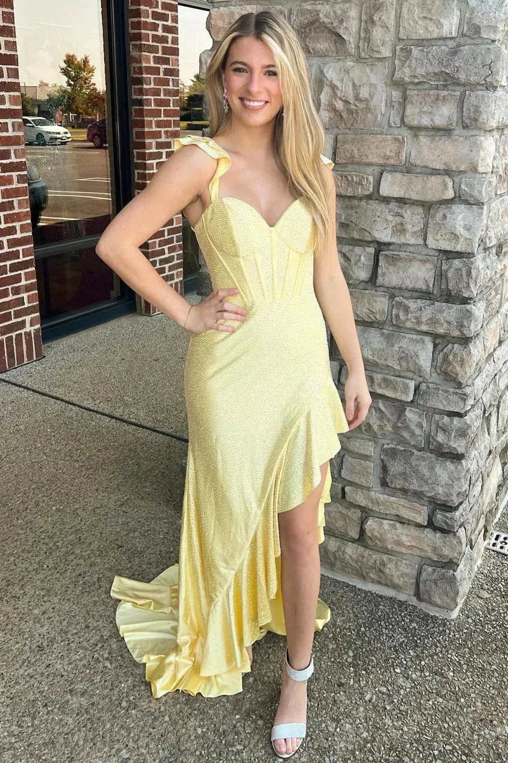 Phyllis | Mermaid Yellow Spaghetti Straps Satin Beaded Long Prom Dress - Image 3
