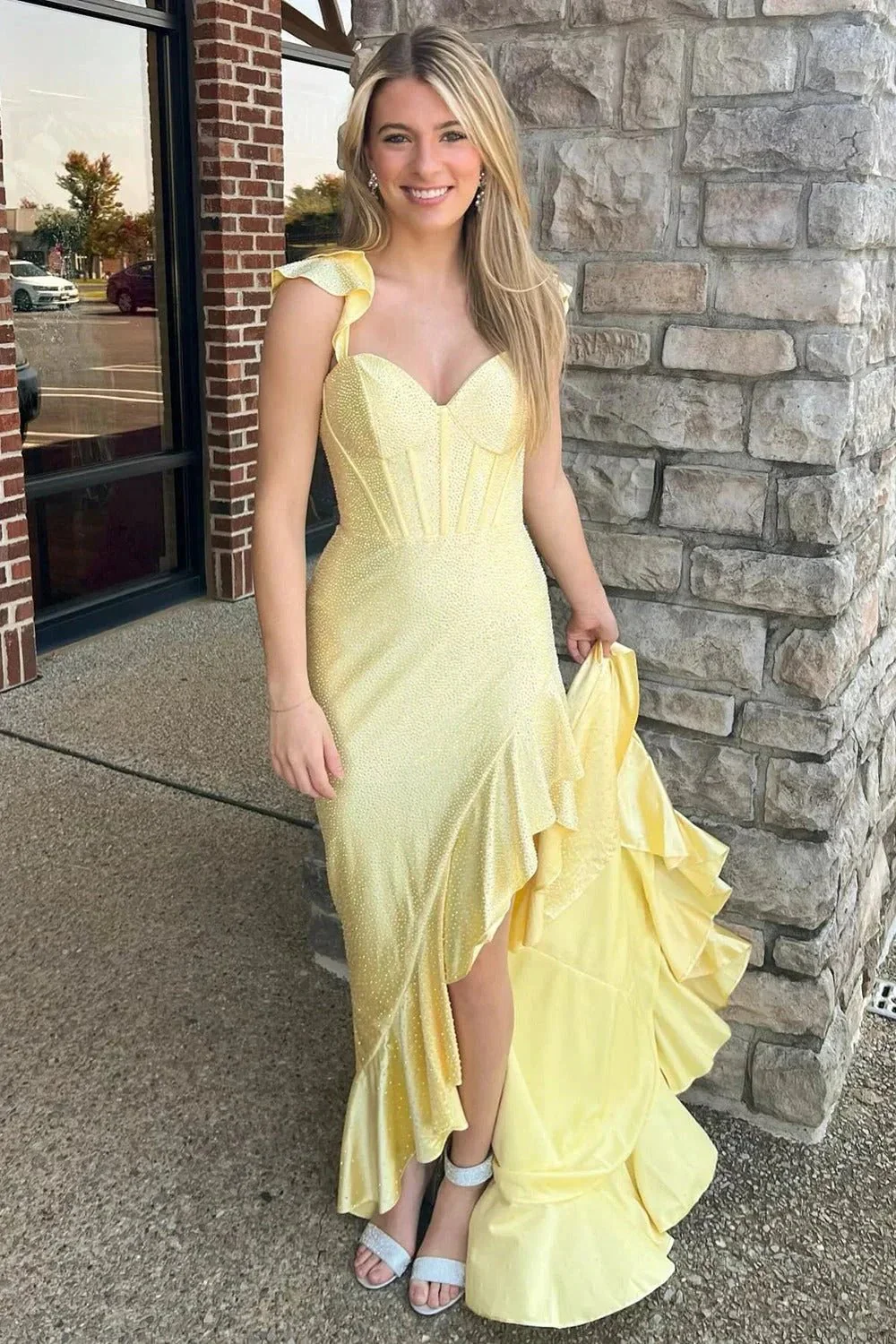 Phyllis | Mermaid Yellow Spaghetti Straps Satin Beaded Long Prom Dress - Image 4