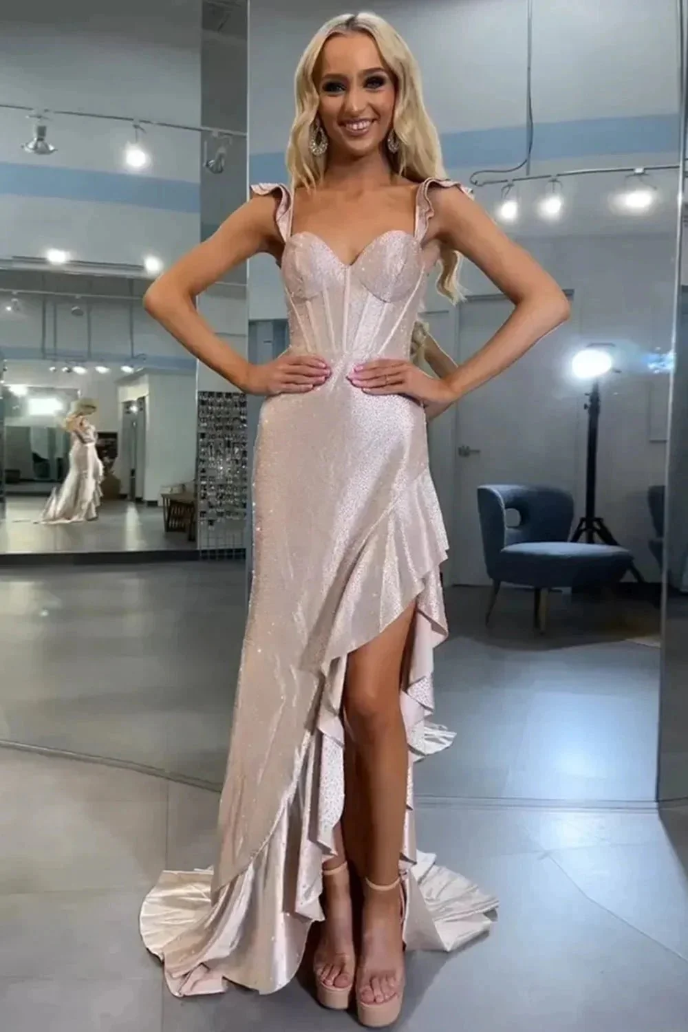 Phyllis | Mermaid Yellow Spaghetti Straps Satin Beaded Long Prom Dress - Image 6