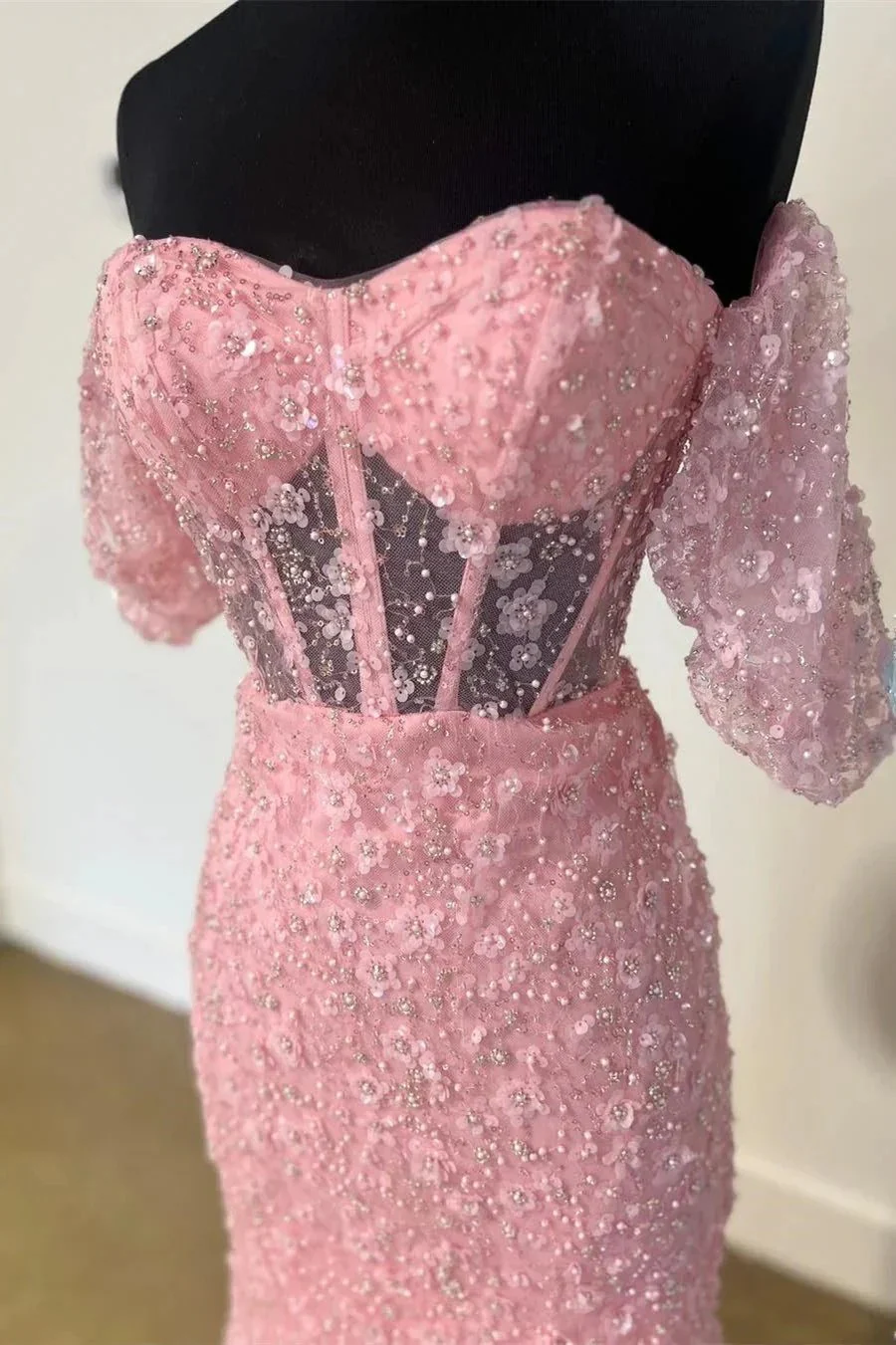 Mindy | Pink 3D Floral Lace Sweetheart Mermaid Long Prom Dress with Slit - Image 3
