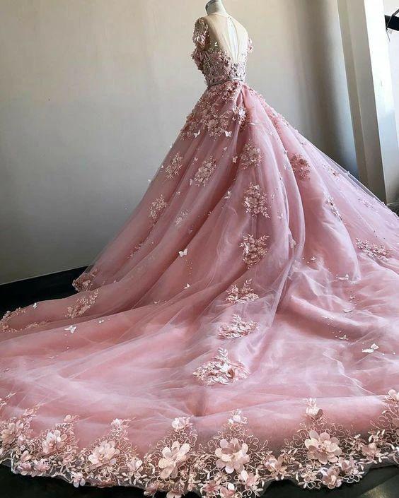 Pink 3D Flowers With Court Train,Pink Ball Gown  Wedding Dress Bridal Gown Y1406 - Image 2