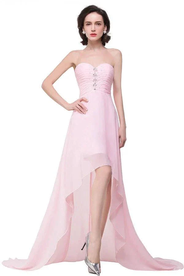 Pink A-line Hi-Lo Sweetheart Ruffle Chiffon Bridesmaid Dresses - Image 4