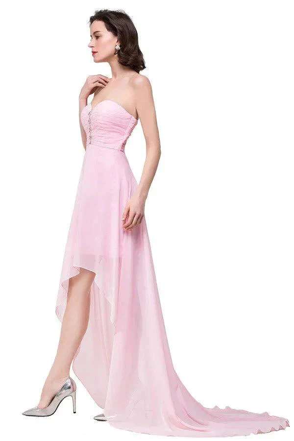 Pink A-line Hi-Lo Sweetheart Ruffle Chiffon Bridesmaid Dresses - Image 5