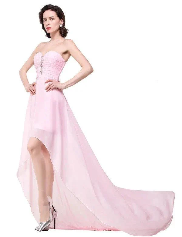 Pink A-line Hi-Lo Sweetheart Ruffle Chiffon Bridesmaid Dresses - Image 6
