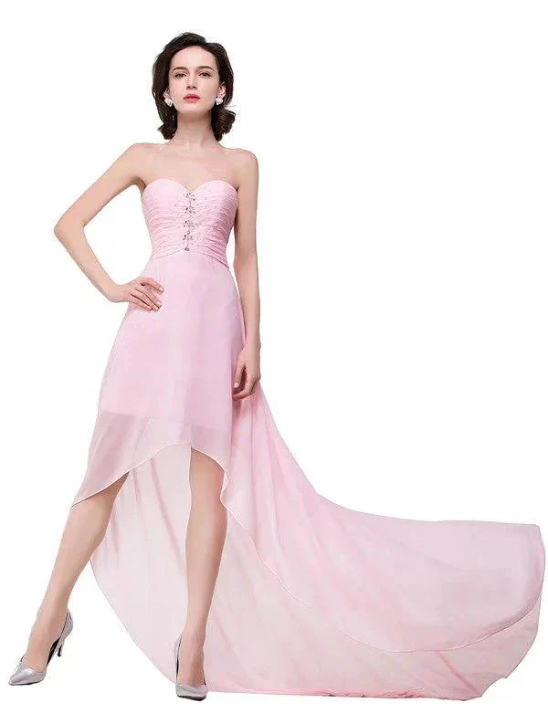 Pink A-line Hi-Lo Sweetheart Ruffle Chiffon Bridesmaid Dresses - Image 7
